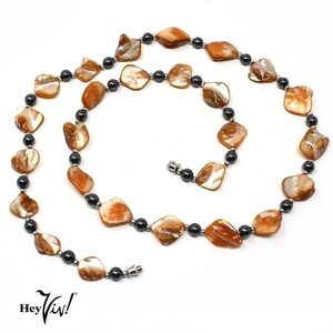 Vintage Single Strand Necklace Pink Peach Shell & Black Glass Bead 26" - Hey Viv